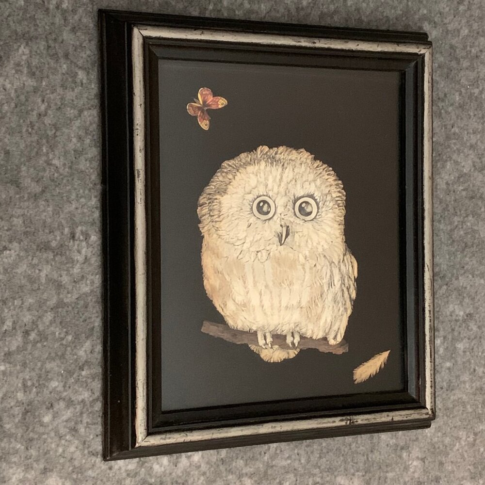 Vintage 3D Paper Snowy Owl Art Wood Frame shadow box